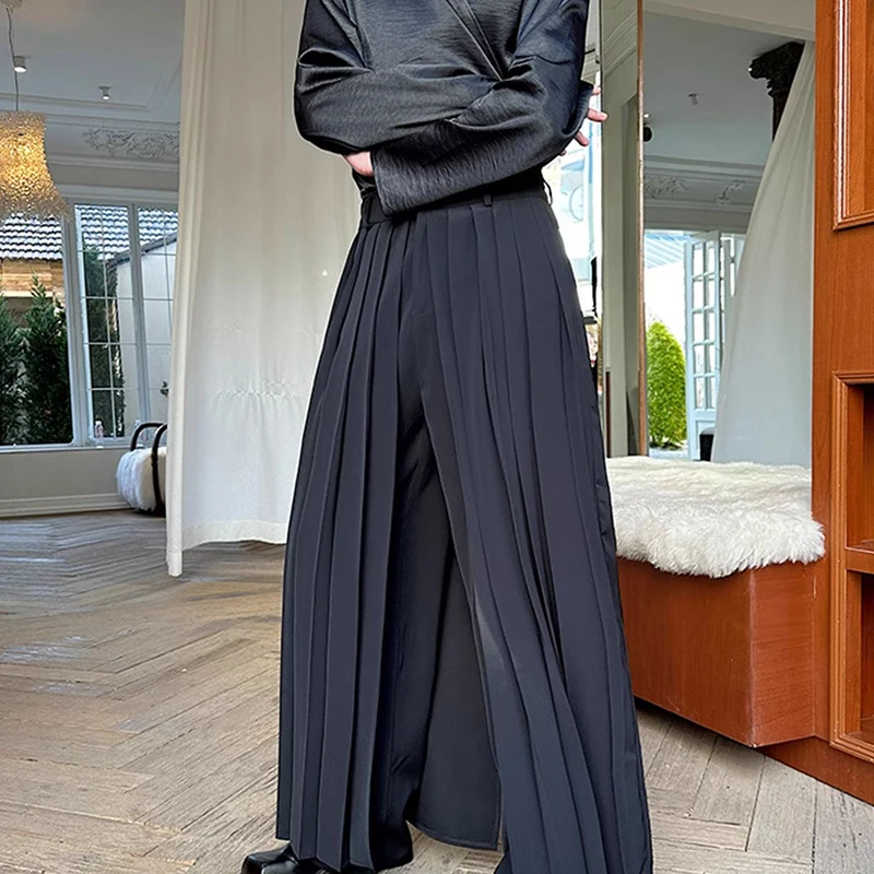 WTHT Modne męskie spodnie w jednolitym kolorze, dwuwarstwowe, plisowane, modne, codzienne spodnie z wysokim stanem, proste spodnie męskie 2025 Summer 2A1163