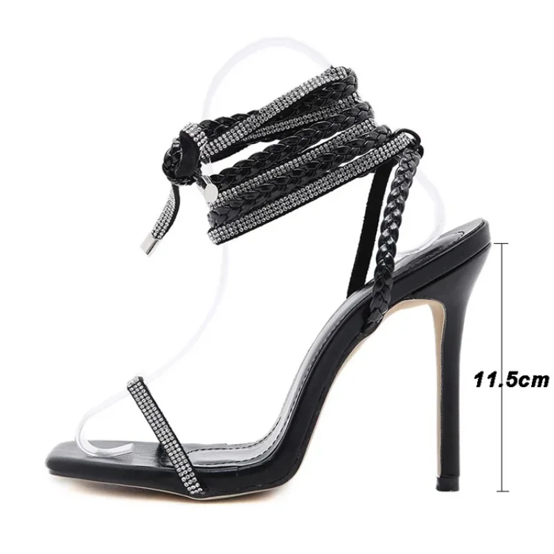 New Fashion Design Female Brand Cross-tied Women\'s Sandals Fashion Shallow Mouth Party Sandals Women  Square Toe Heeled Sandals