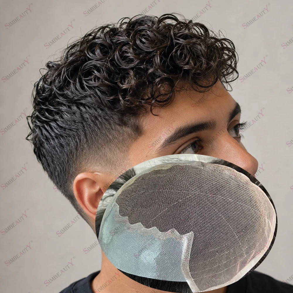 Ventilate Lace Front Men's Human Hair Toupee Hair Replacement System New Q6 15mm 18mm 20mm Curl Patterns Lace&PU Durable Toupee