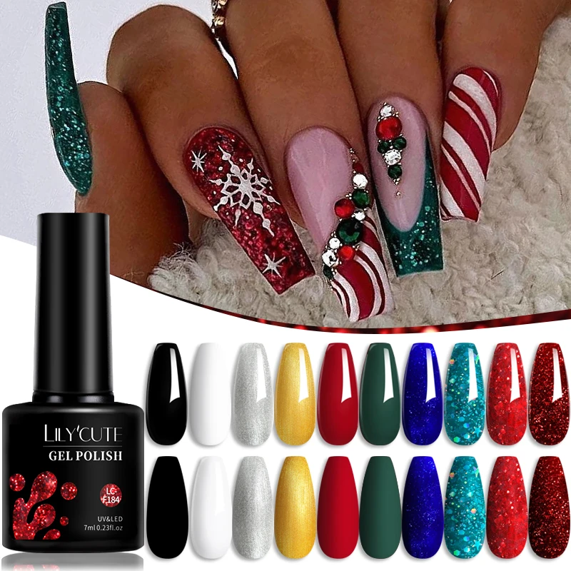 

LILYCUTE 7ML Christmas Gel Nail Polish Nail Art Sparkle Gold Red Green Gel Polish Varnish Semi Permanent UV Gel New Year Nails