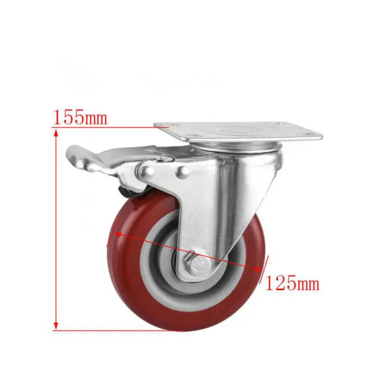 1 Pc Packing 5 Inch Universal Caster With Brake Medium Jujube Red Double Bearing Pvc Flat Bottom Movable Roller Storage Cage