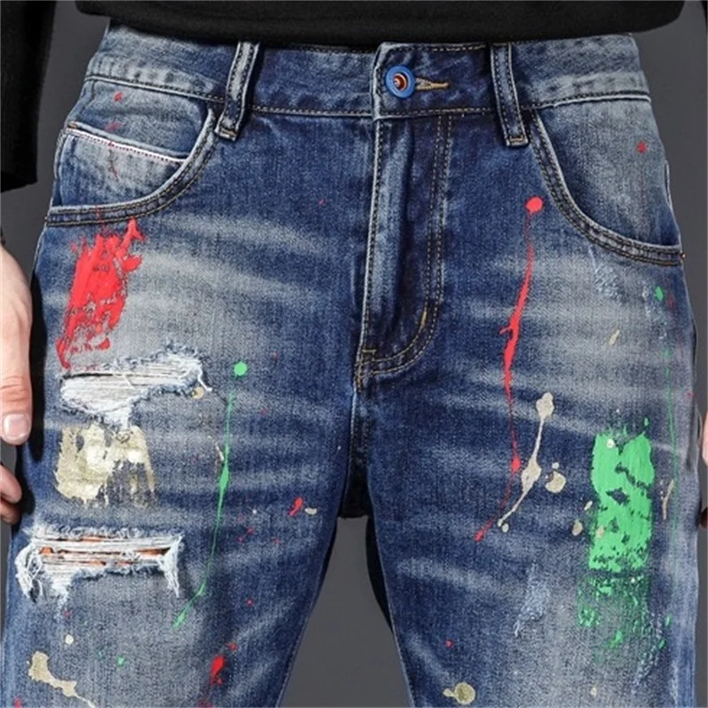 EH·MD® Spray Painted Jeans Men's Holes Scraped Summer High Elastic Slim Fit Small Feet Zipper Leather Label Splash Wrinkle Blue