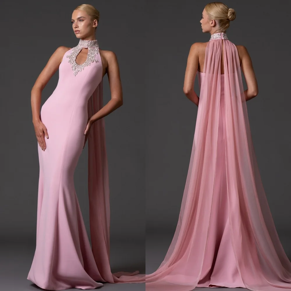 

Customized High Quality Classic Jersey Applique Ruched Mermaid High Collar Long Dresses Bespoke Occasion Dresses Sizes Available