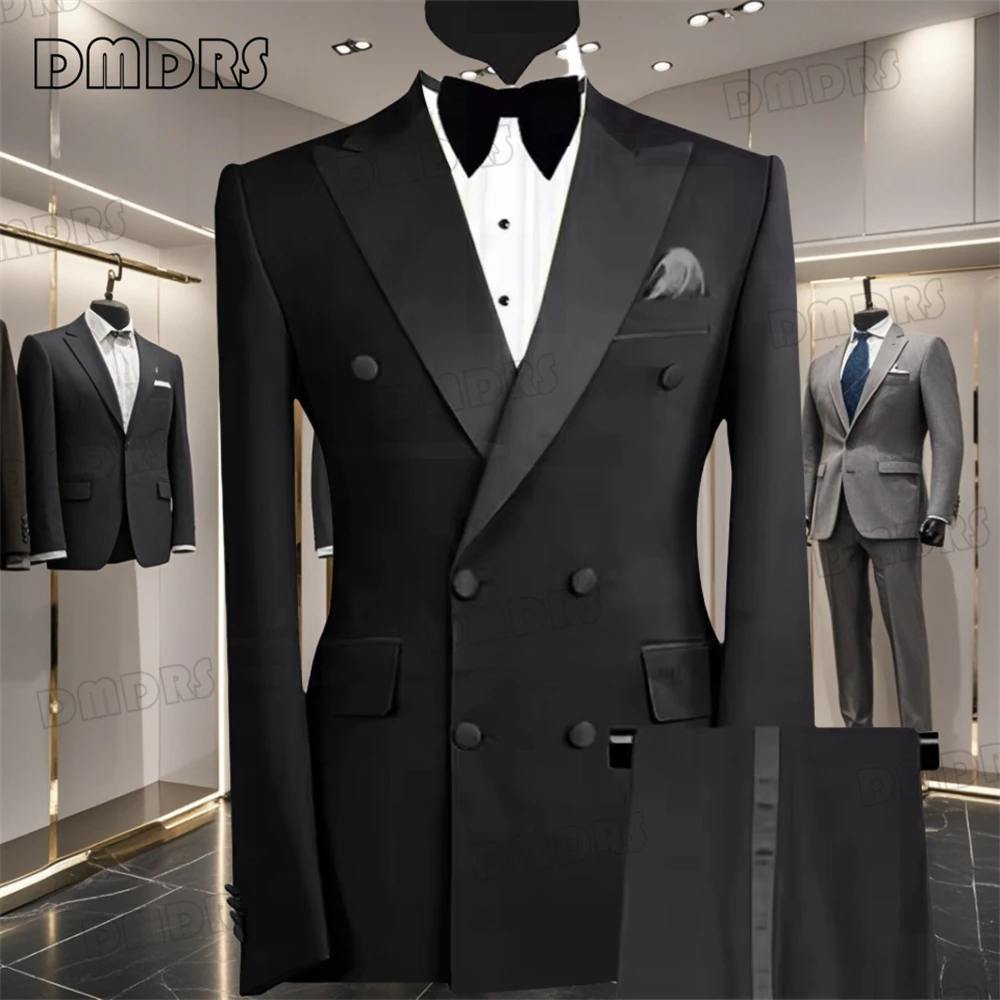 Jacket + Pants, Slim Fitted Formal Suit Set for Men, Satin Notch Collar Double Breasted Blazer, Customized Colors Mens Tuxedo