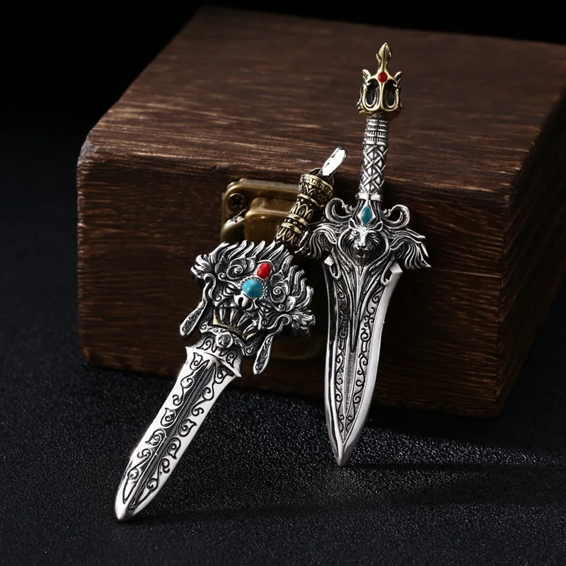 S925 Sterling Silver Sword Pendant Black Color Old Process Tiger Relief Drop Oil Design Unisex Fine Jewelry FYNE376