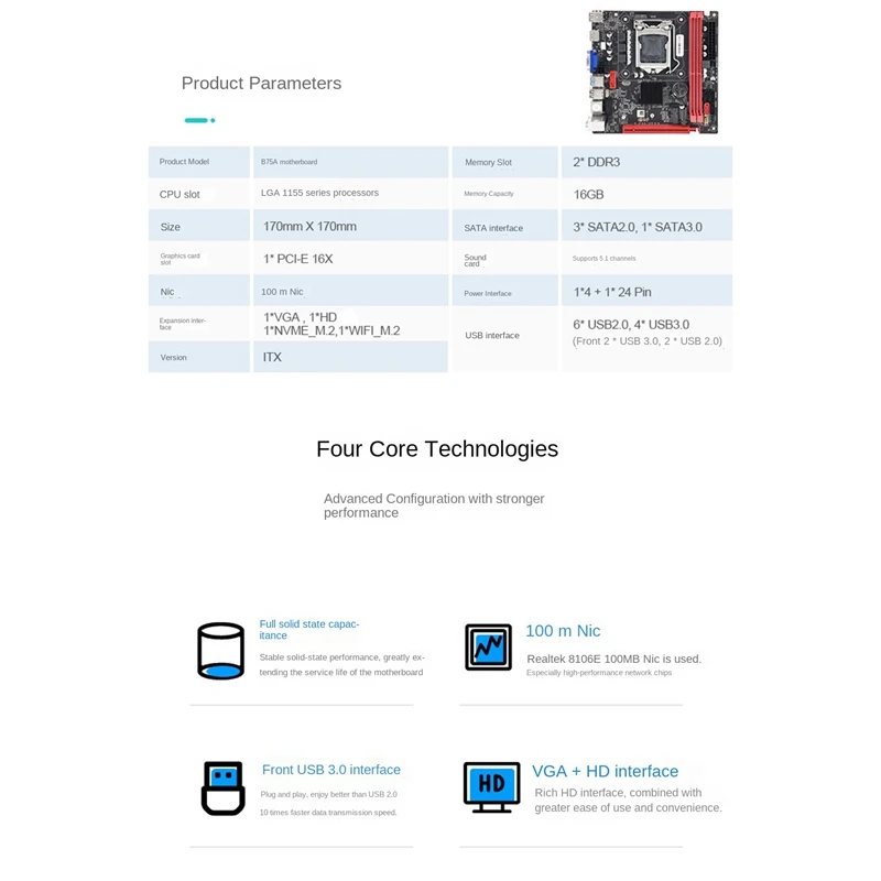 B75A LGA1155 DDR3 เกมเมนบอร์ด + I3 2120 CPU + จาระบีความร้อน + สายSATAสนับสนุนNVME M.2 + WIFI M.2 อินเทอร์เฟซUSB3.0 SATA3.0