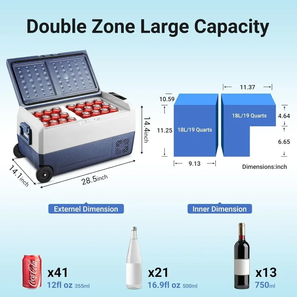 12 Volt Car Refrigerator,38 Quart Portable Freezer Fridge,Car Fridge Dual Zone  Control,(36L)-4℉-68℉Car Cooler 12/24V DC