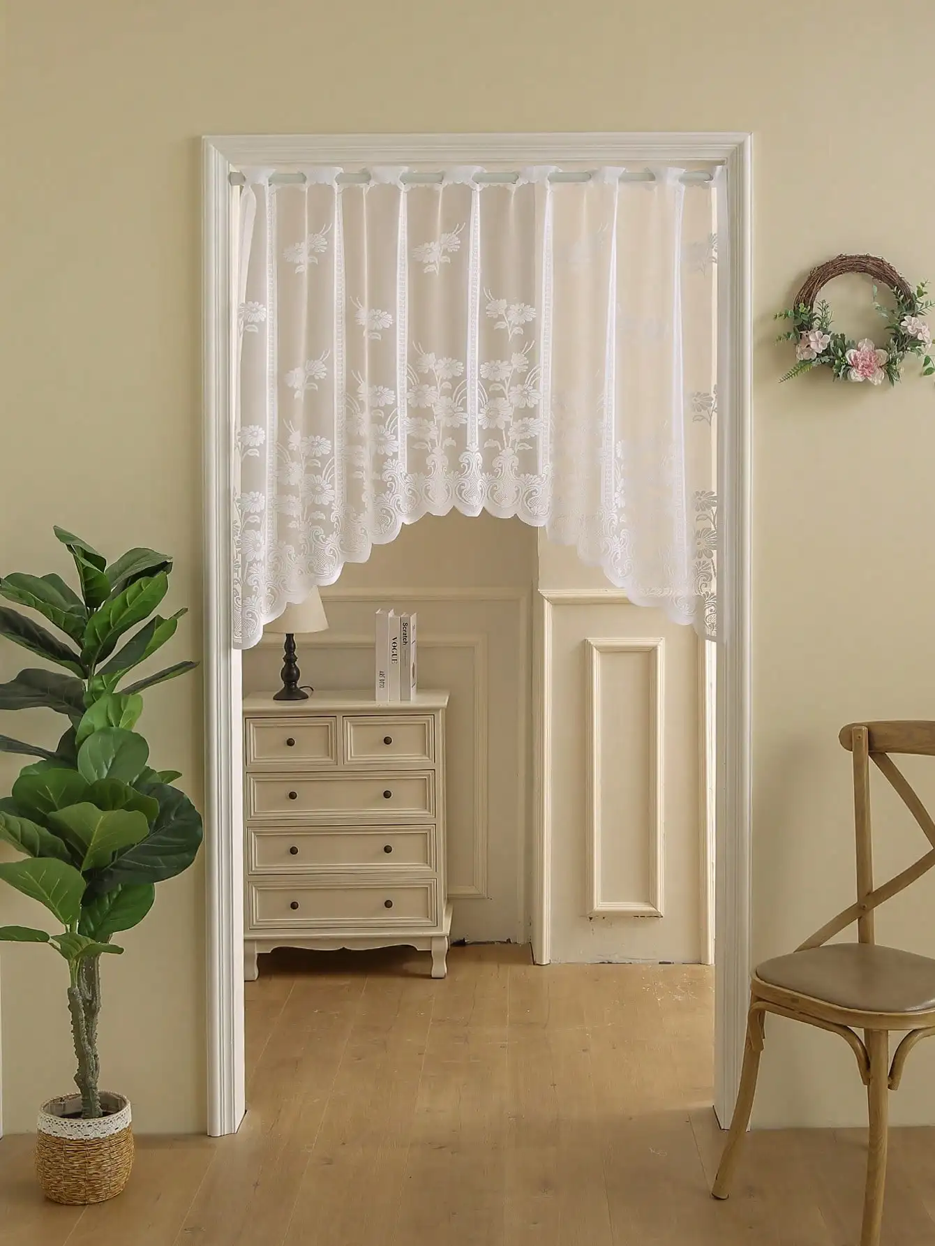 Weiße Spitze, halbtransparenter Vorhang, Küchenstufen, halbe Fenster, durchsichtige Vorhänge, Stangentasche, Voile-Vorhänge für Küchenba