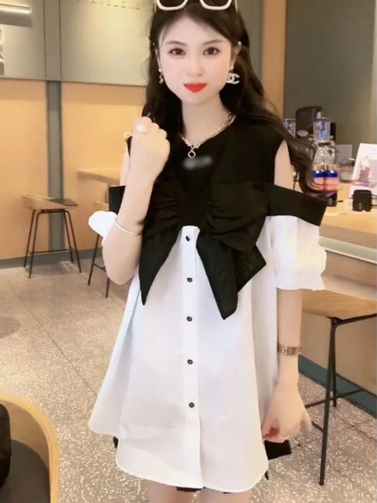 Ladies Fashion Single Row Multi-Buckle Shirts Female 2024 Summer Bow Stitching Design Off-the-Shoulder Half Sleeve Shirt