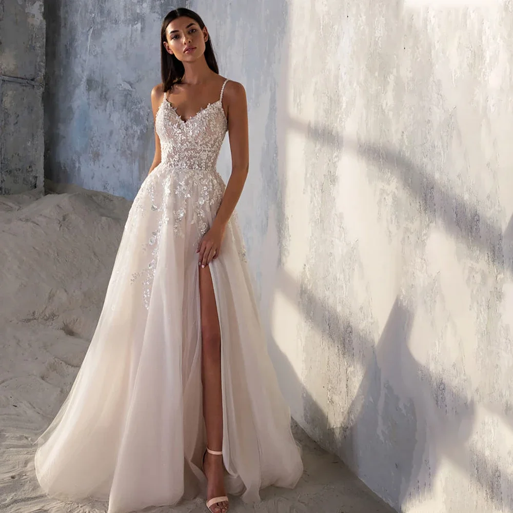 Flavinke Spaghetti Strap Wedding Dresses A-Line Sleeveless Side Slit Lace Appliques Backless Vestido De Noiva Custom Plus Size