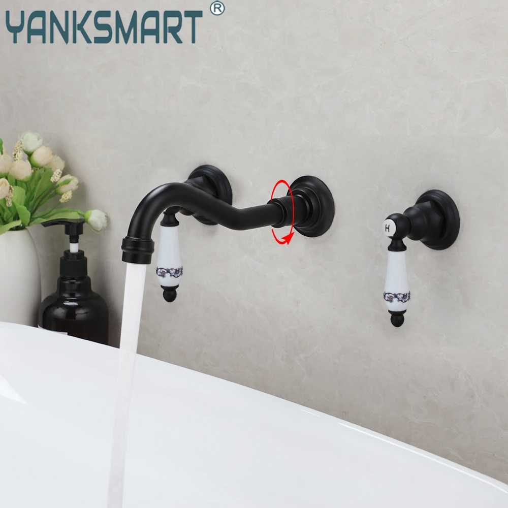 

YANKSMART 3 Pcs Black Bathtub Faucet Double Handles Control Wall Mounted Waterfall Basin Bathroom Faucets Mixer Water Tap