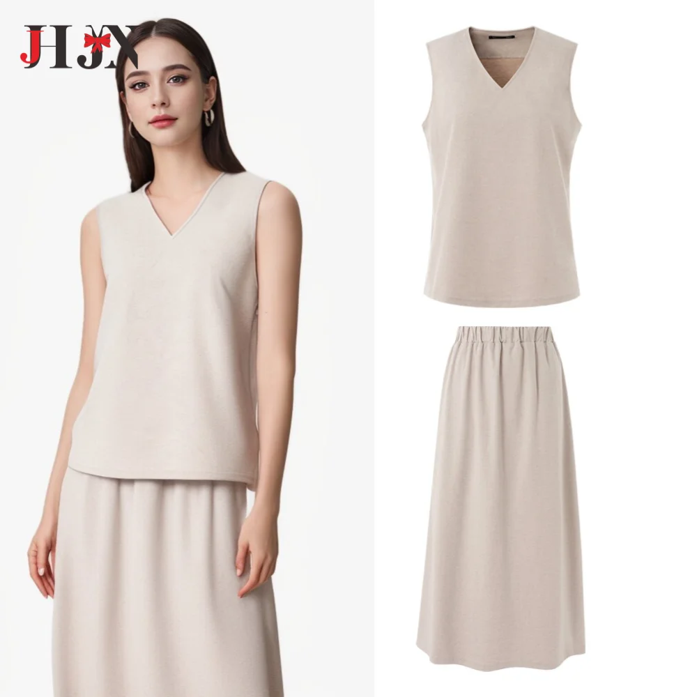 JHJN Sleeveless V-Neck Woman Skirt Sets Semi-Dress Pullover Straight Commuter Casual Beige Loose Elastic Waist Female Clothing