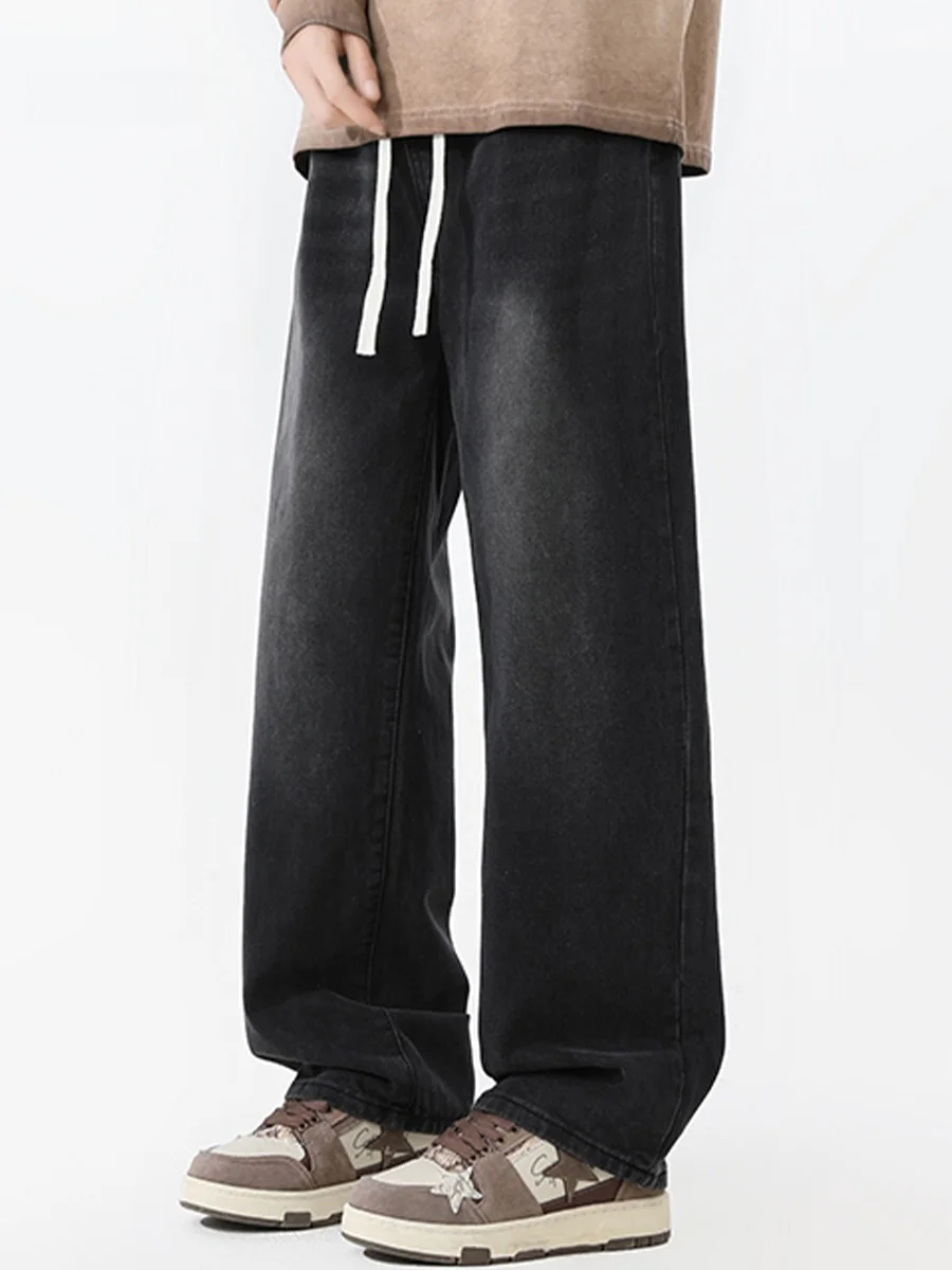 

American Sle Vintage Dstring Jeans Men Autumn Trendy Straight Leg Waed Wide Leg Long Pants Casual Loose Fit