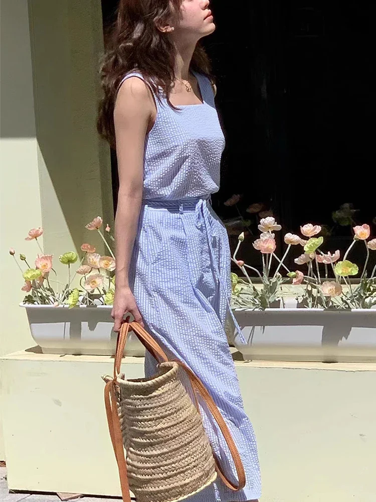 

Korean Chic Summer Unique Square Collar Stripe Vest High Waist Slimming Skirt Set Women's