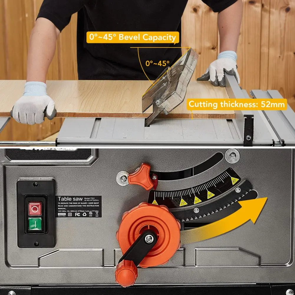 Table Saw, 10-Inch 15-Amp Portable 1800W, Cutting Speed Up to 5000RPM, 90° Cross Cut & 0-45° Bevel Cut Adjustable Blade Height