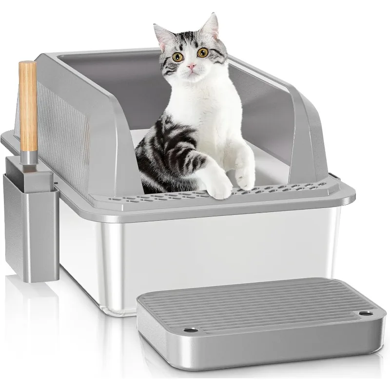 Stainless Steel XL Large Cat Litter Box, with High Walls Enclosure Lid & Non-Slip Rubber Mat, Odor Control, Easy to Clean,