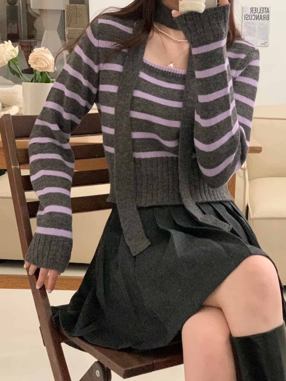 Korean style Scarf two-piece set square neck striped knitted sweater for women