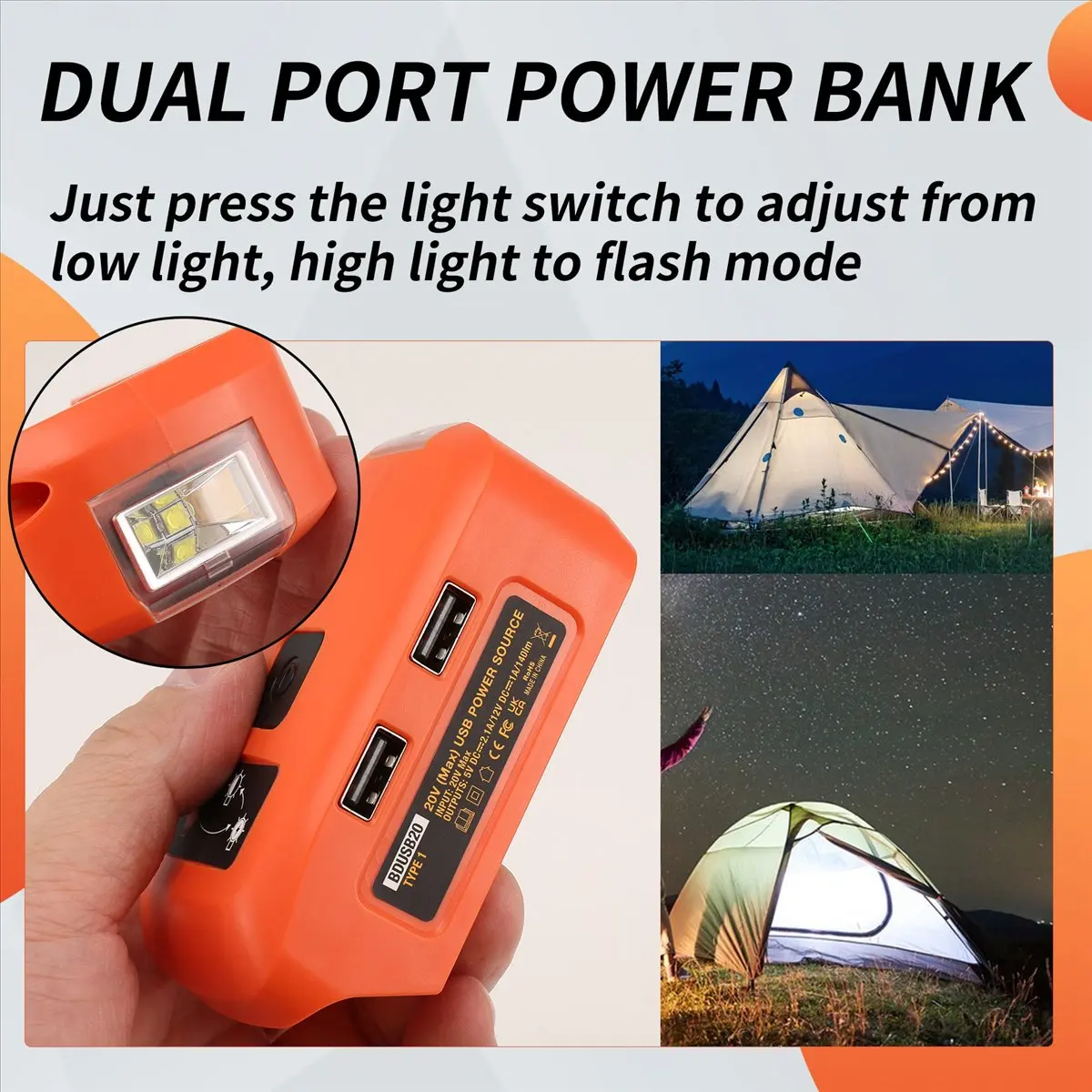 [SURPRISE]Battery Adapter for 20V Lithium Battery USB Charger, LED Work Light with Dual USB Charger and 12V Port