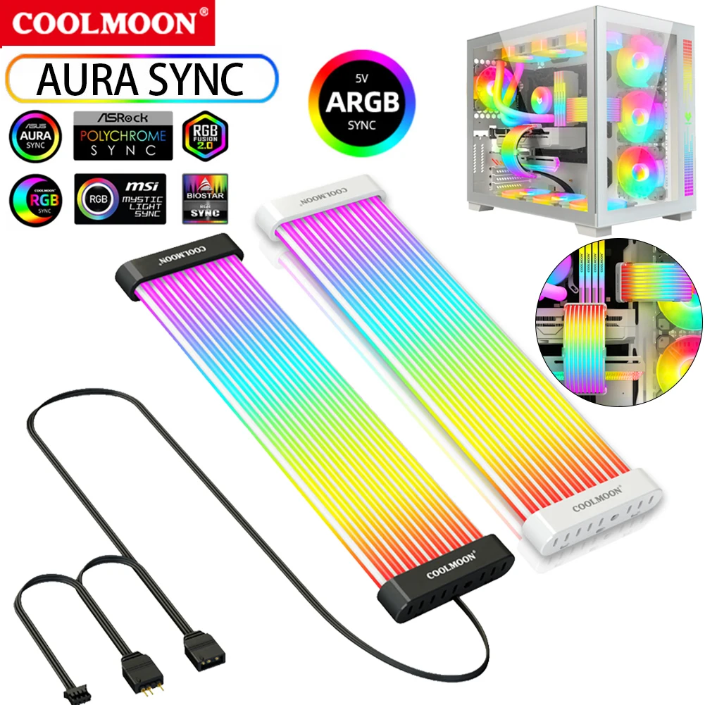 COOLMOON RGB 8PIN/24PIN PSU Extension Cable Kit 5V 3PINx2+4PIN Desktop Computer Lamp Strip PC Module Cables for Motherboard PC