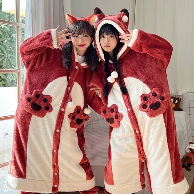 Red Fox Cosplay Hooded Robe With Pants 2 Piece Set Flannel Long Sleeve Thick Warm Soft Winter Nightdress Two-piece Set Pajamas