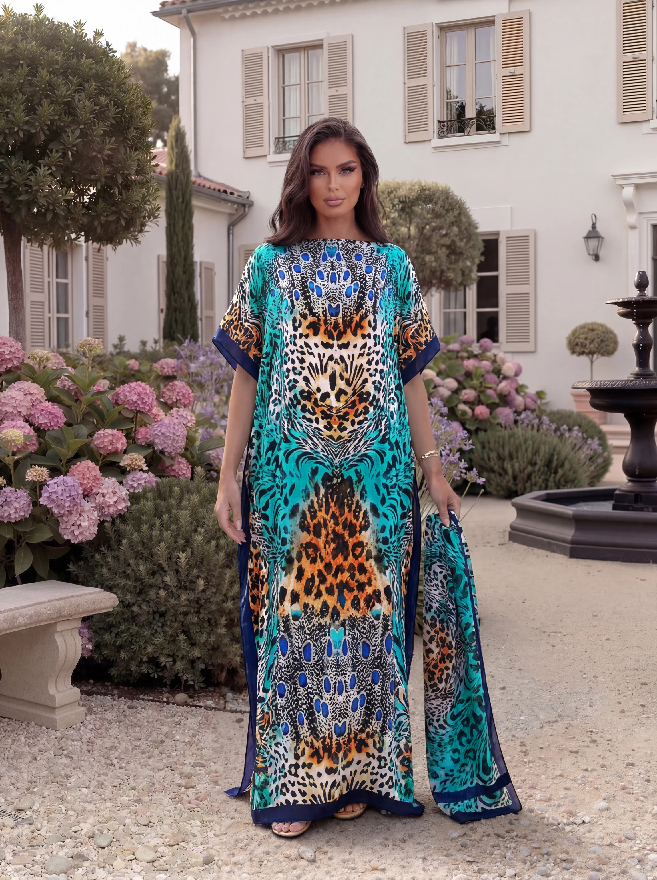 Animal Leopard Chain Print Satin Abaya with Matching Scarf, Loose Long Kaftan Robe, Summer Beach Outfit for African Muslim Women
