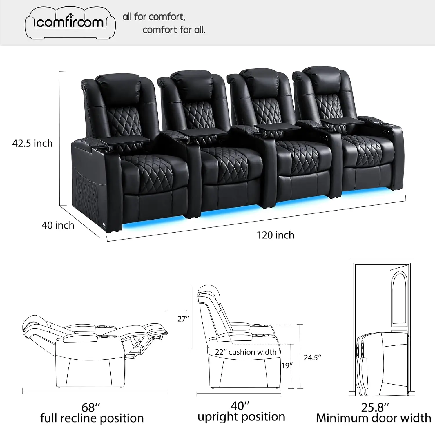 Top-Grain Leather Home Theater Seating, Dual-Motor Power Recliner