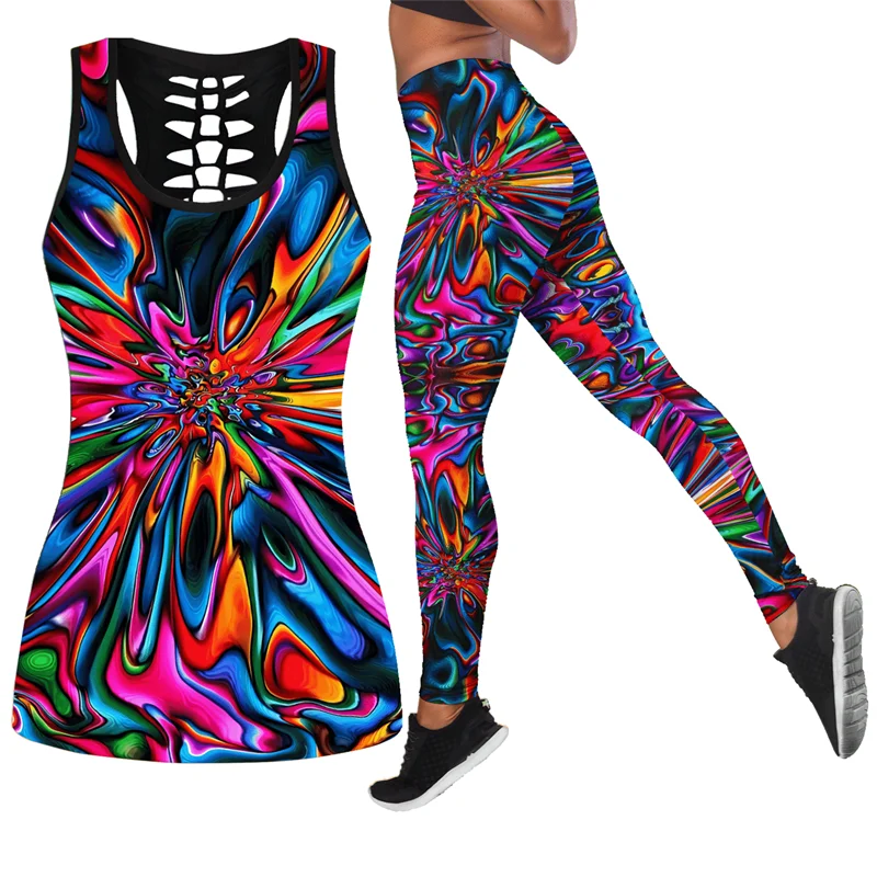 Lovely Hippie 3D Printed Tank Top+Legging Combo Outfit Yoga Fitness Legging Women