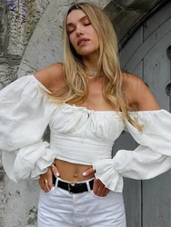 Spring 2024 Women White Blouse Crop Top Slash Neck Ruched Flare Sleeve Shirt Women Sexy Back Lace-up Cotton Vintage 48908