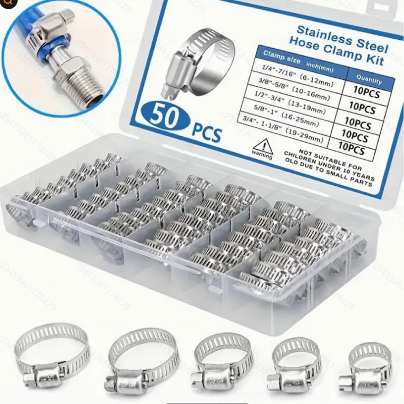 50Pcs Boxed American Style Hose Clamp Universal Stainless Steel Pipe Clip Fastener for Car Water Pipe Oil Tube Connection