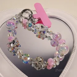 Mobile Phone Lanyard Crystal Bow Rhinestone Round Ball Pearl Mobile Phone Lanyard Small Fresh Wrist Rope Hand-beaded Lanyard