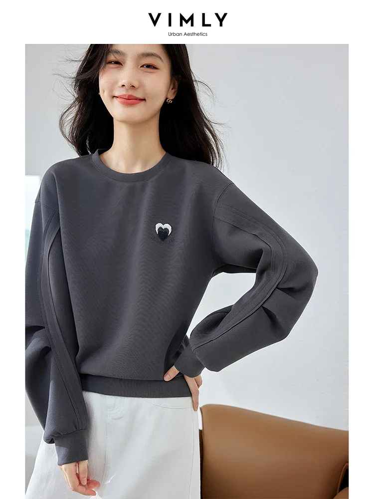 Vimly Pullover O-neck Sweatshirt Women Spring 2024 Casual Long Sleeve Top Heart Embroidery Straight Loose Woman Clothes M3252