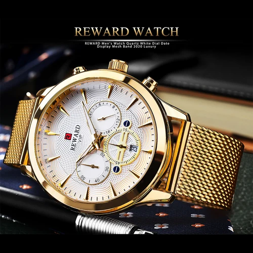 REWARD Relojes de negocios Movimiento de cuarzo Moda Hombres Reloj de acero inoxidable dorado Calendario de lujo Reloj de pulsera de cuarzo