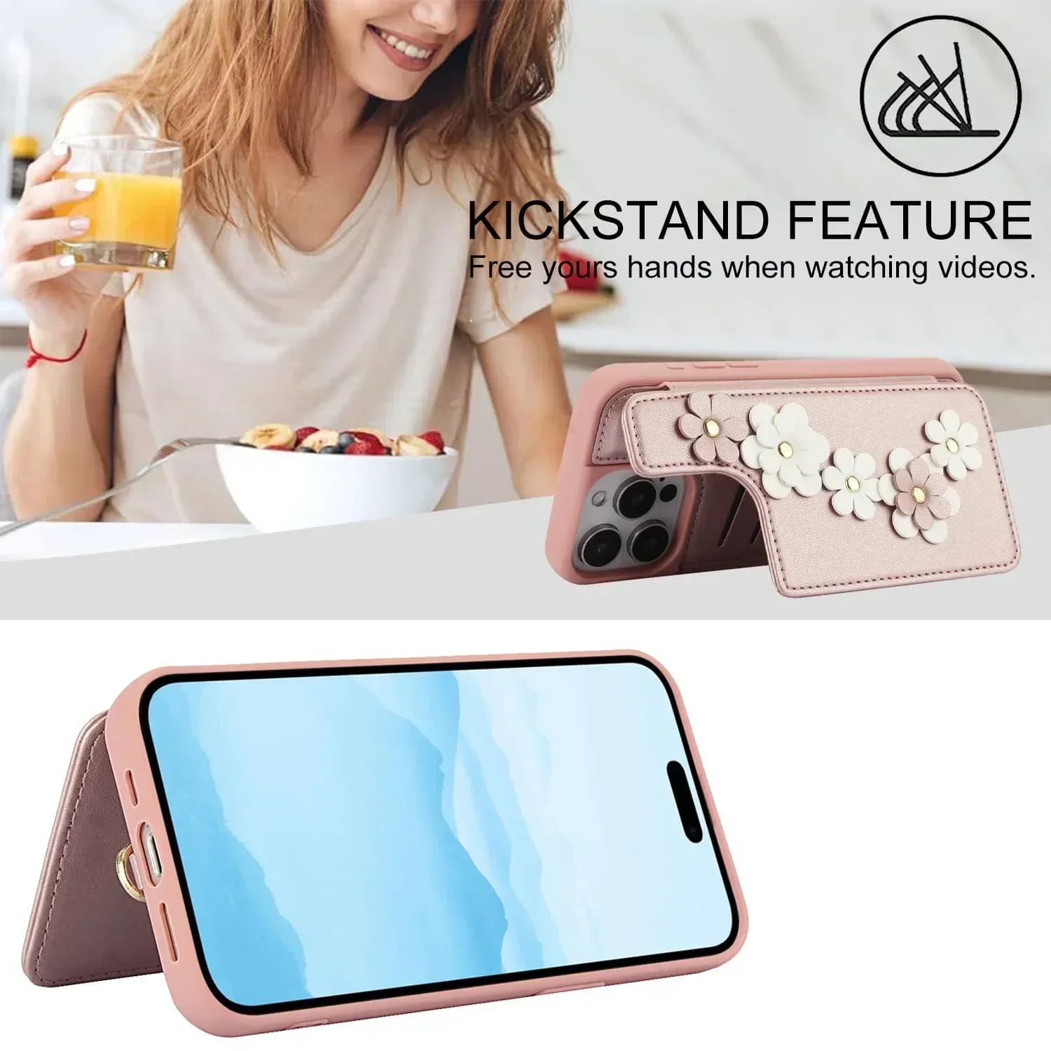 Etui na iPhone'a 16 15 14 Pro Max Plus, portfel z uchwytem na kartę, urocza torebka na ramię w kwiaty, magnetyczna osłona z podpórką — zdjęcie produktu 3