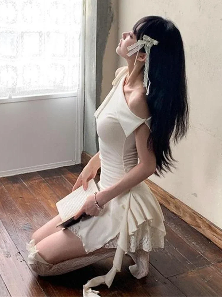 Y2k Aesthetic Irregular Ruffled Vestido Slim Fit Harajuku Woman Lace Patchwork Sweet Grunge Dress Streetwear Bow Vintage Dresses