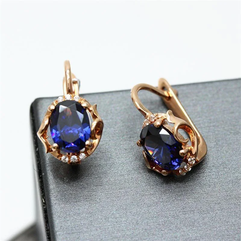 

585 Purple Gold Light Luxury Earings Plated 14K Rose Gold Inlaid Dazzling Blue Gem Earrings for Women Fashion Banquet Jewelry