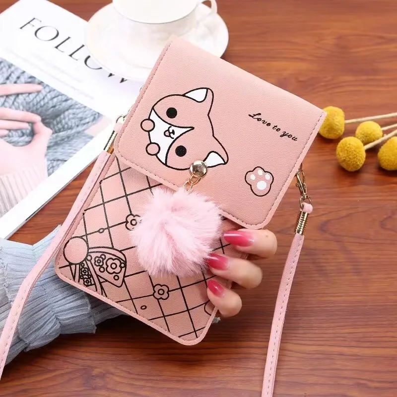 

Faionable Vertical Soft Leather Crossbody Bag for Women Waterproof Touchscreen Phone Pouch Cute Cartoon Design Coin Purse