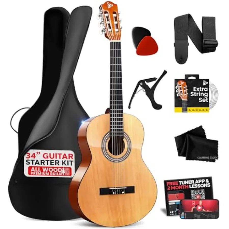 

Beginner Acoustic Guitar Kit 1/2 Junior Size All Wood Build Nylon String Instrument with Capo Strap Extra String Set Gig Bag fo