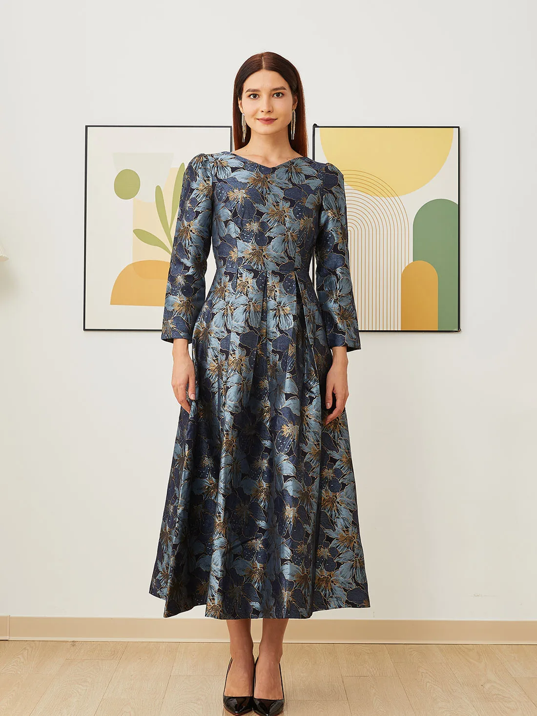 Elegante Frauen Lange Maxi Abendkleid Floral Jacquard Herbst V-ausschnitt Dame Herbst Winter Party Fashion Formal Vestidos