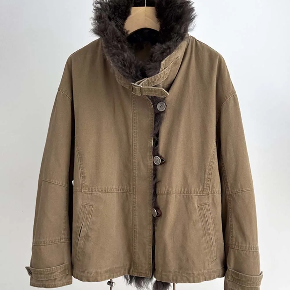 เสื้อแจ็คเก็ตขนห่านฤดูหนาวปี 2025 เสื้อคลุมกันหนาวผู้หญิงสุดหรู แจ็คเก็ตพาร์กาขนแกะเมอริโนแท้ ปกขนแกะแท้