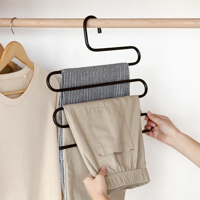 5 Layers S-shaped Pants Hanger Multifunctional Anti-skid Stainless Steel Pants RackWardrobe Storage Scarf Rack lron Pants Rack