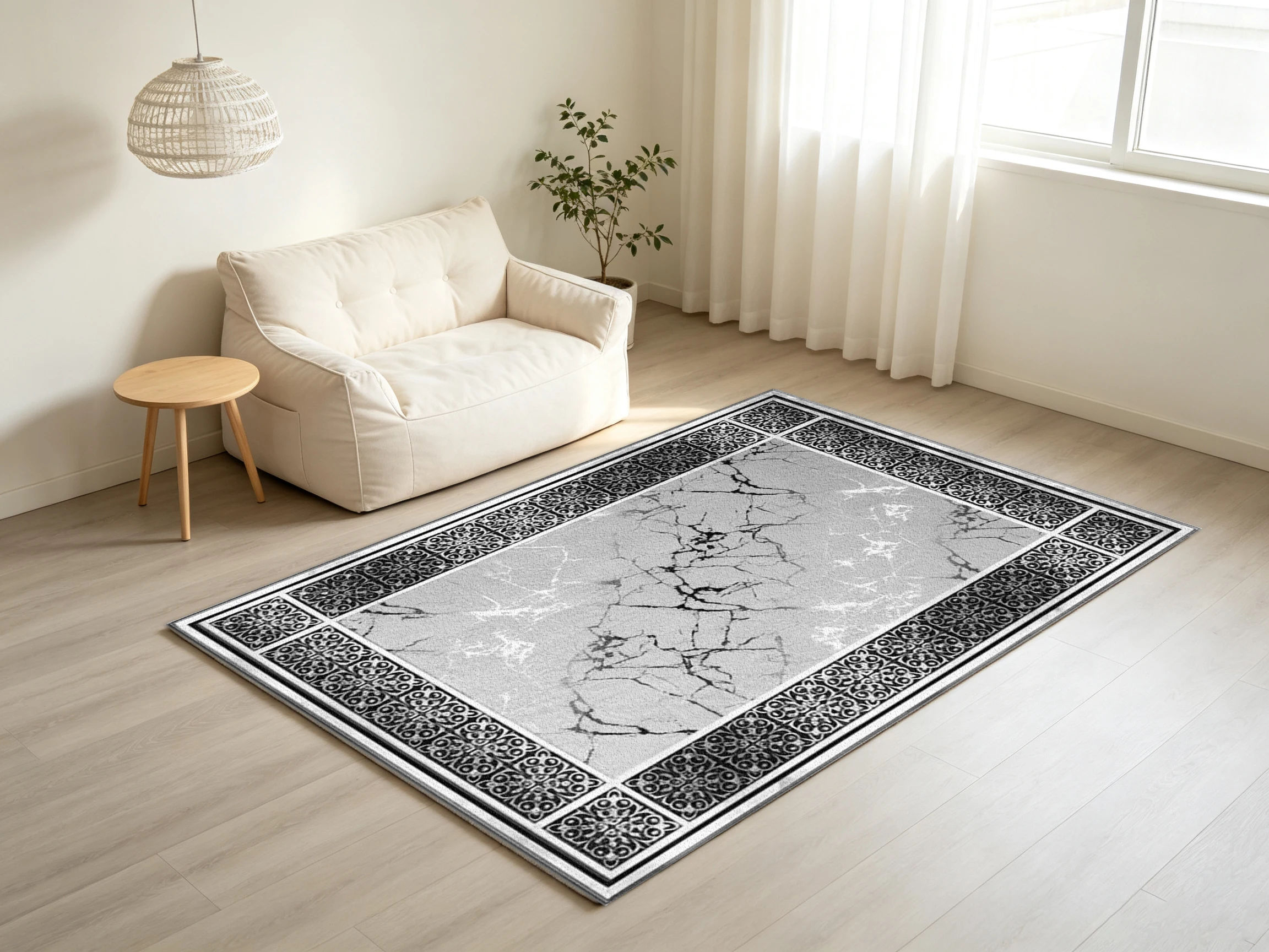 Modern Marble Texture Square Carpet Flooring Silver Crack Vein Ornate Border Rug for Luxury Home Decoration