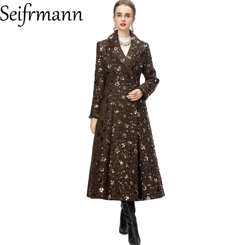 

Seifrmann 2026 Spring Women's New Fashionable lapel Long Sleeve Double breasted Glittered Waist cinching Coat
