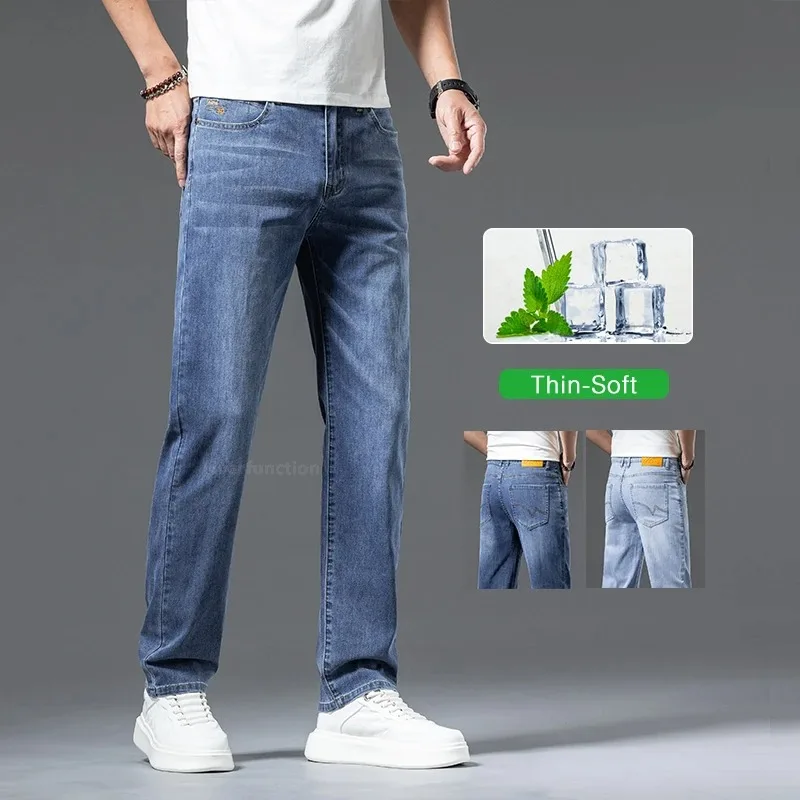 

Men's Ultra-thin Soft Jeans Summer New Business Casual Stretch Trousers Straight Breathable Cotton Denim Pants