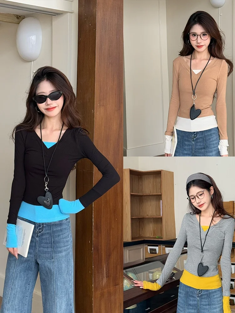 

Утягивающий удлиненный топ с V-образным вырезом, дизайнерский, с эффектом двухслойности, осенний, для повседневной носки, в корейском стиле...