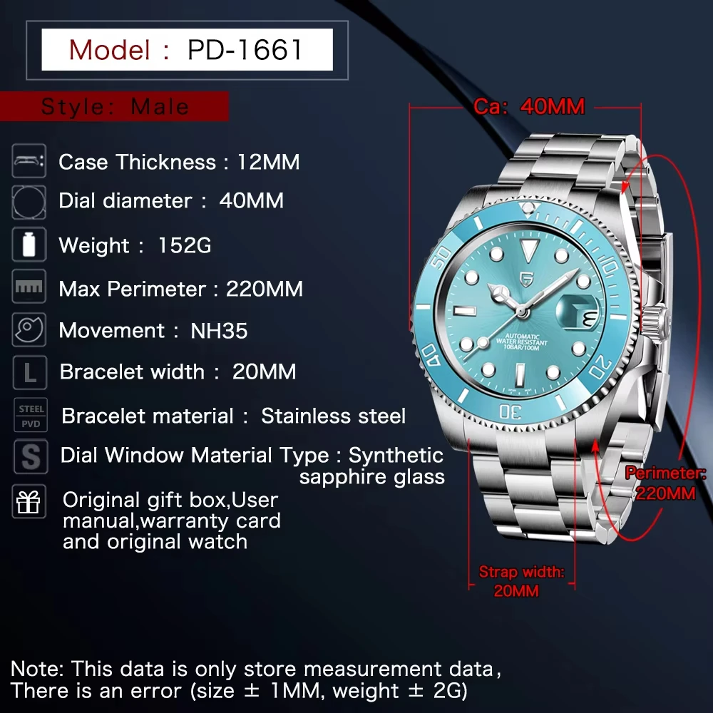 PAGANI DESIGN Fashion Men's Sports Automatic Mechanical Watch NH35 Stainless Steel Sapphire Diver Clock reloj hombre PD1661