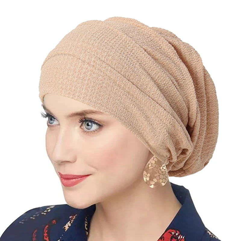 Trendy Versatile Crinkle Women's Solid Color Hijab Turban Elastic Indian Islamic Bonnet Head Wrap Scarf Chemotherapy Care Cap