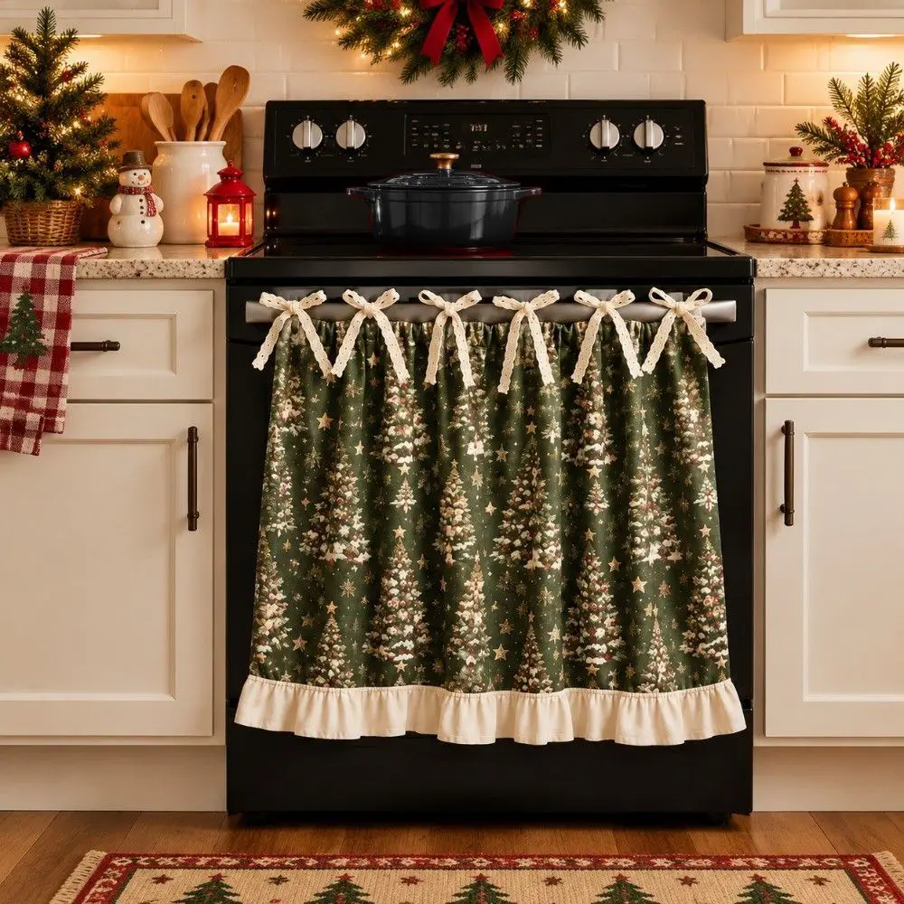 Ruffle Edge Christmas Oven Short Curtain Snowman Deer Xmas Tree Kitchen Stove Short Curtain Countryside Style Flower