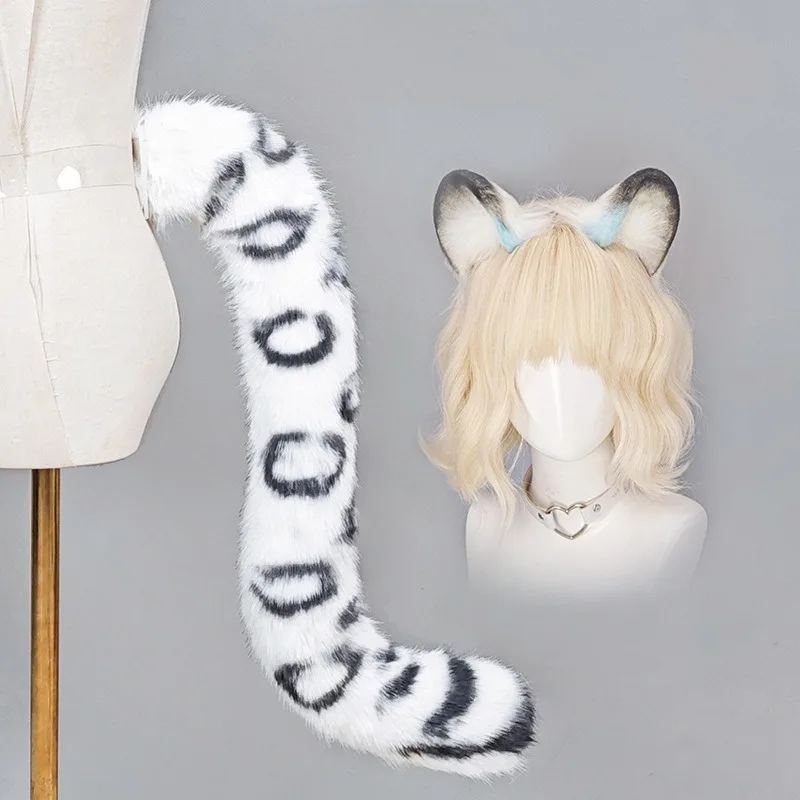 2Pcs/set Snow Leopard Ears Tail Plush Headband 80CM Furry Animal Tail Costume Accessories for Convention, Anime Cosplay Props