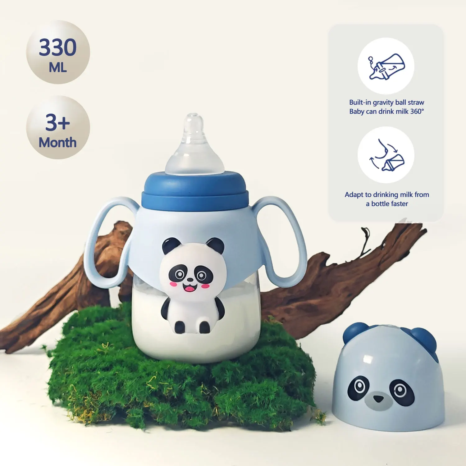 1 Buah Botol Bayi Kapasitas Besar 330ML, Bentuk Panda Lucu, Botol Bayi Dua-dalam-Satu yang Dapat Dimainkan, dengan Mainan Jepit 6-36 Bulan Pesta