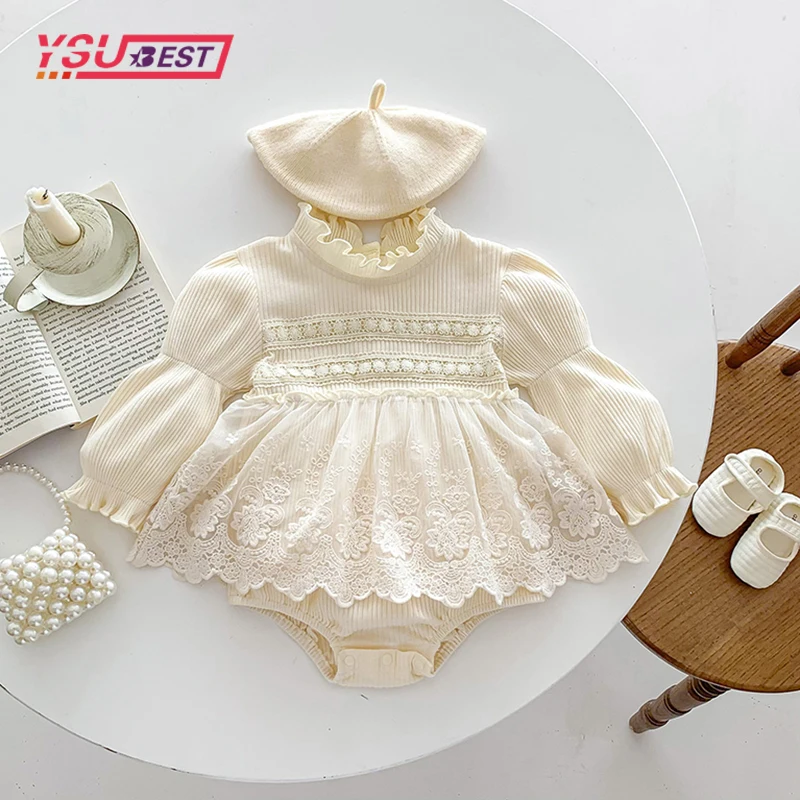 

2024 Newborn Baby Girls Bodysuits New Baby Clothes Puff Sleeve One Piece Waffle Lace Clothing Autumn Baby Girls Jumpsuit Clothes